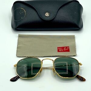 Ray-Ban Gold Frame Hexagonal Sunglasses with Green Lenses
